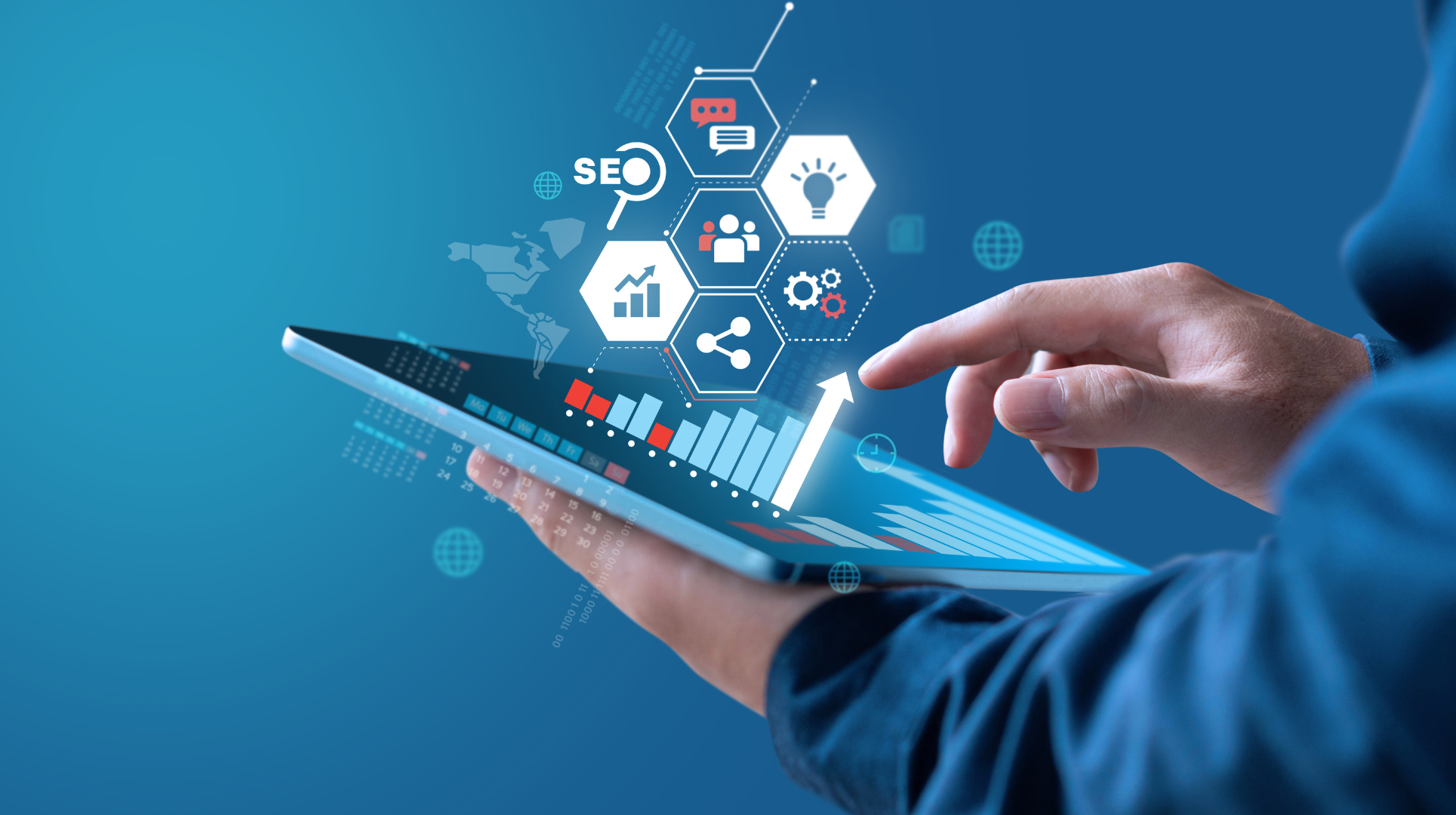 Icons floating above tablet operated by a man
